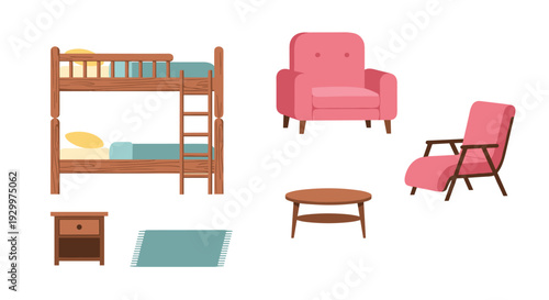 A collection of bedroom and living room furniture including a bunk bed and pink chairs is arranged on white.