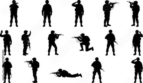 Military soldier silhouette set featuring army infantry in various combat poses, saluting, aiming rifles, kneeling, and crawling for defense and war vector designs.