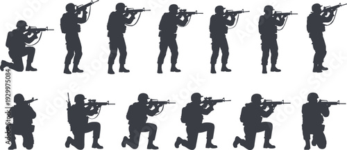 Military soldier silhouette vector set, armed combat shooting poses collection, tactical army forces illustration, modern warfare action figures isolated on white background