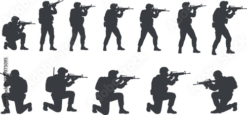 Military soldier silhouettes vector set, armed army infantry poses with rifles, tactical combat stances, modern warfare illustration for security defense design