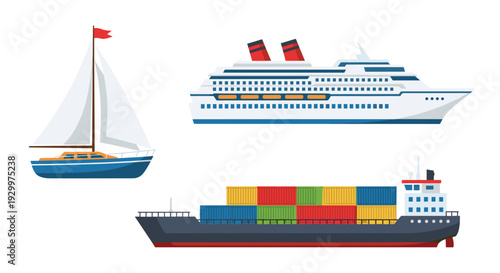 A blue sailboat and a large white cruise ship are shown above a grey cargo ship carrying colorful containers.