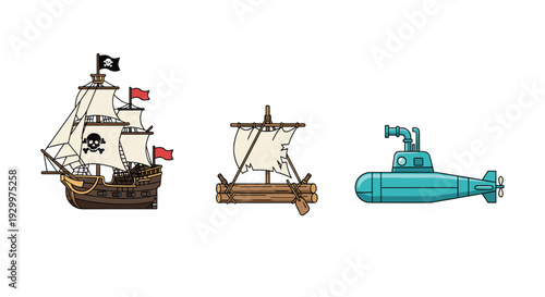A wooden pirate ship and a log raft are positioned next to a teal submarine against a white background.