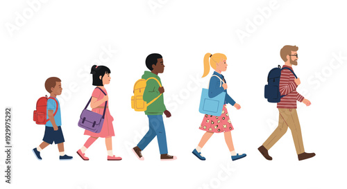 Five people of various ages and ethnicities walk in a single file line while carrying backpacks and bags.