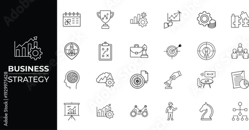 Collection of 24 professional line icons for business strategy, illustrating concepts like project scheduling, goal setting, gear-driven growth, and team collaboration.