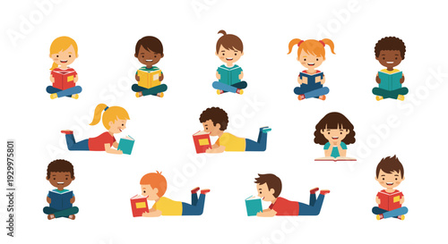 Eleven cartoon children are illustrated in different poses while engaged in reading books on a clean white horizontal surface.