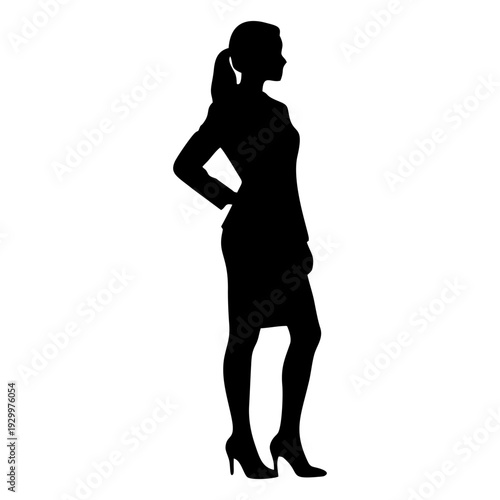 SILHOUETTE OF A STANDING BUSINESS WOMAN WITH A SUIT AND HIGH SHOES