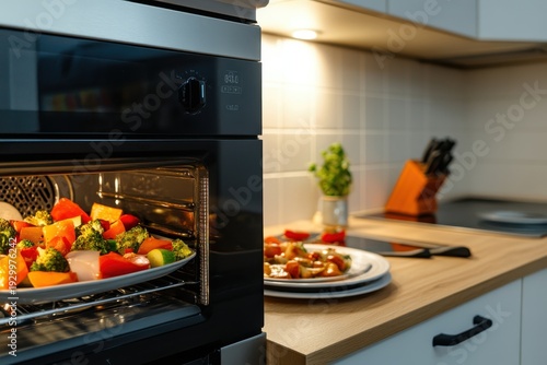 Microwave Oven Heating Vegetables and Prepared Meal in Modern Kitchen