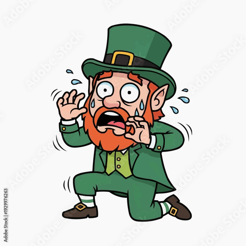 Scared leprechaun begging on knees, fear and panic, St. Patrick's Day
