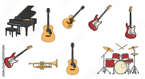 A black grand piano sits near several acoustic and electric guitars a trumpet and a red drum set on a white background.