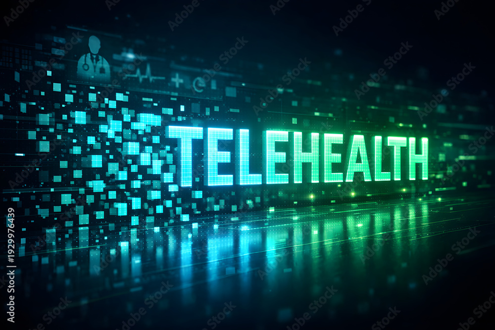 Obraz premium Luminous Digital Pixel 3D Typography for Telehealth Concept