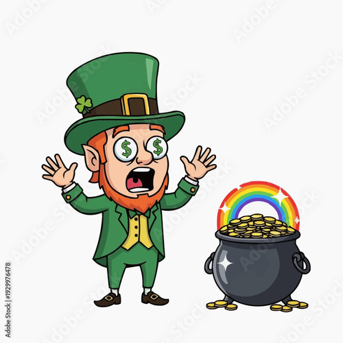 Leprechaun shocked by pot of gold and rainbow, St. Patrick's Day surprise
