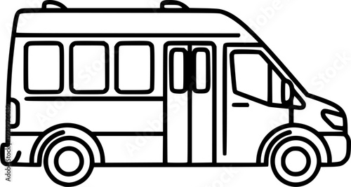 Clean black and white vector line art drawing of a passenger van, perfect for an icon depicting shuttle services, public transport, and travel mobility concepts
