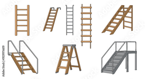 Eight diverse climbing structures featuring wooden ladders and metal staircases with handrails are arranged neatly across a clean white background.