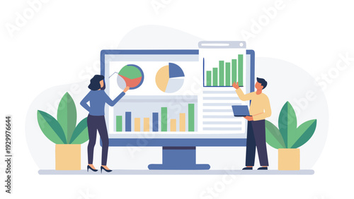 Set of 2 people analyzing data on computer vector