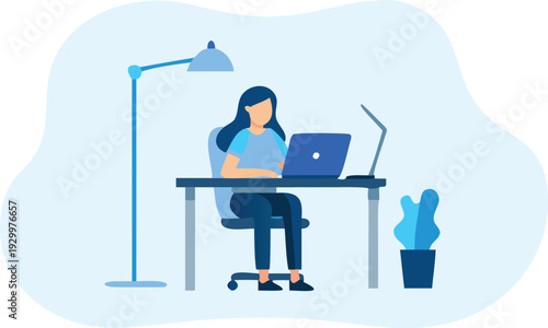 Vector illustration of woman working on laptop at desk