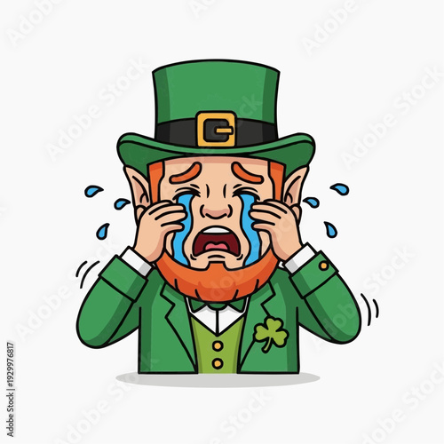 Sad leprechaun crying with hands on face, St. Patrick's Day cartoon