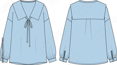 Women's fashion flat technical drawing sketch template of a sailor-collar blouse with front tie closure, voluminous sleeves, and cuff detail, vector illustration.
