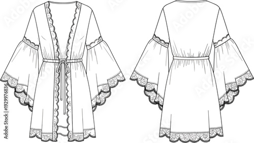 Women's fashion flat technical drawing sketch template of a short lace-trimmed robe with wide bell sleeves and front tie belt, vector illustration.