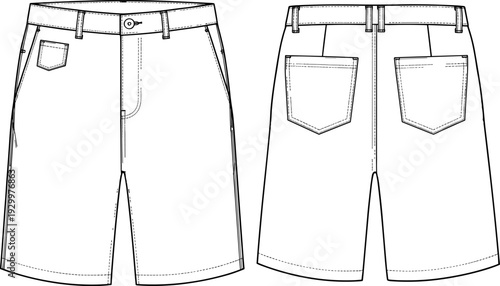 Women's fashion flat technical drawing sketch template of classic tailored Bermuda shorts with front coin pocket and back patch pockets, vector illustration.