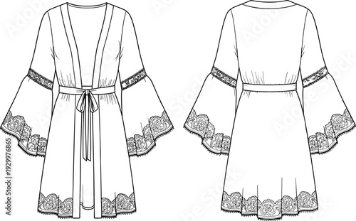 Women's fashion flat technical drawing sketch template of bohemian robe with belt, wide bell sleeves, and ornate floral lace trim, front and back view, vector illustration.