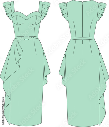 Women's fashion flat technical drawing template of a fitted cocktail dress with sweetheart neckline, ruffle straps, belted waist, and asymmetrical peplum, vector illustration.