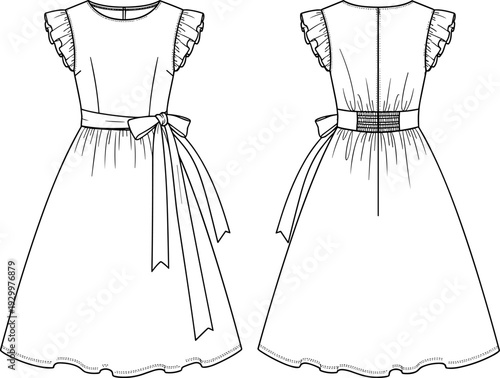 Women's fashion flat technical drawing template of a fitted flared dress with flutter sleeves, bow belt, and shirred elastic back waist, vector illustration.