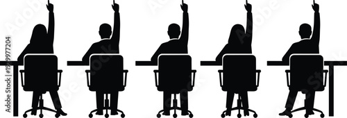 Business meeting participants raising hands silhouette vector illustration isolated on white background representing teamwork discussion, classroom interaction, corporate training, voting, and 