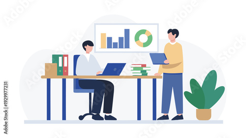 Vector illustration of two people working at a desk with laptops and office supplies