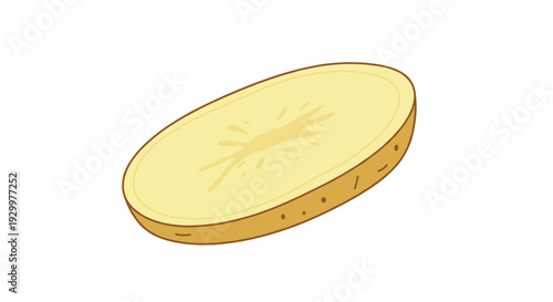 A single oval slice of a raw potato with a pale yellow interior and brown skin is positioned diagonally against a solid white background.