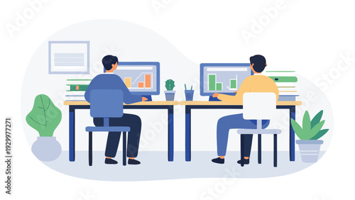 Vector illustration of two people working on computers