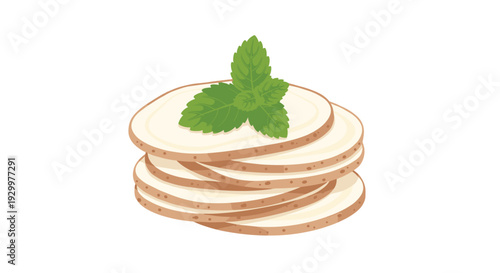 A stack of thin raw potato slices topped with a fresh green mint sprig is centered against a solid white background in a horizontal layout.