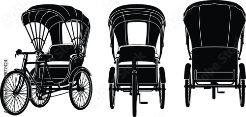Traditional rickshaw bicycle taxi silhouette vector illustration isolated on white background showing multiple views of vintage human powered transport 