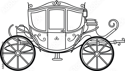 Vintage royal horse carriage line art vector illustration isolated on white background representing classic transportation, historical luxury vehicle, antique coach design, and elegant travel concept