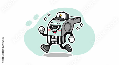 Cheerful cartoon robot wearing captain hat dancing.