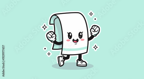 Cheerful cartoon tissue character dancing with raised arms.