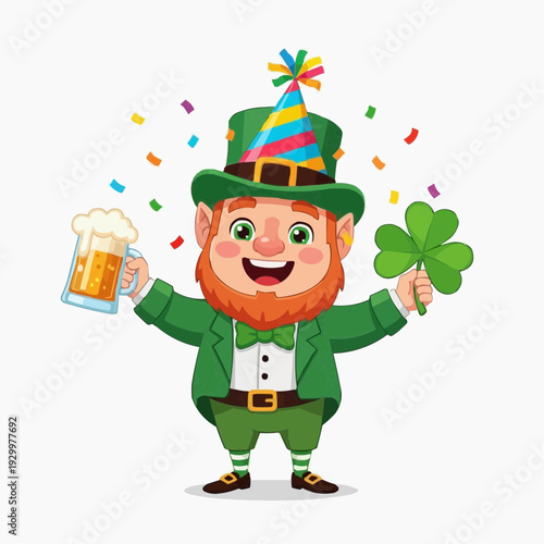 Happy leprechaun celebrating with beer and clover, confetti.