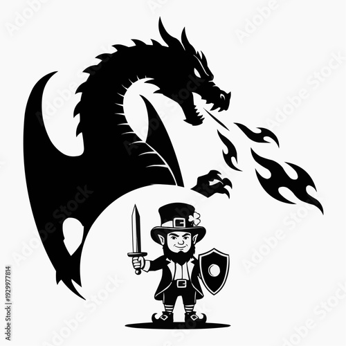 Brave leprechaun warrior with sword and shield confronting a fierce fire-breathing dragon.