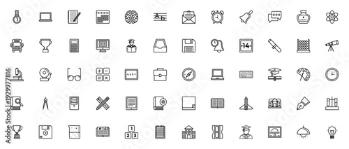 Education icon set. Vector illustration pack featuring medal, laptop, notepad, brain, graduation, microscope, book, calculator and more school and study symbols. Editable stroke.
