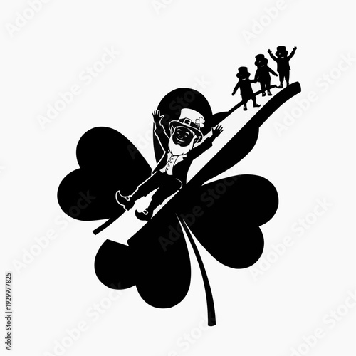 Joyful leprechaun and friends playfully sliding down a giant lucky four-leaf clover.