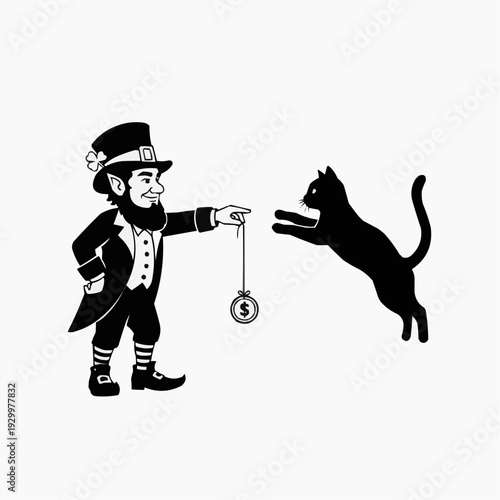 Mischievous leprechaun enticing a playful black cat with a lucky dollar sign charm.