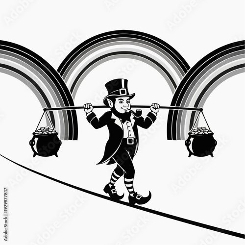 A confident leprechaun balances on a tightrope carrying two pots of gold under multiple rainbows, symbolizing luck and skill.