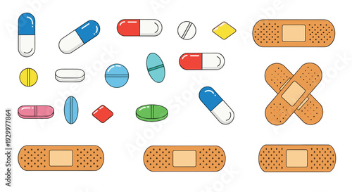 A collection of diverse medical supplies including colorful capsules round pills and adhesive bandages of various sizes and shapes arranged on a white background.
