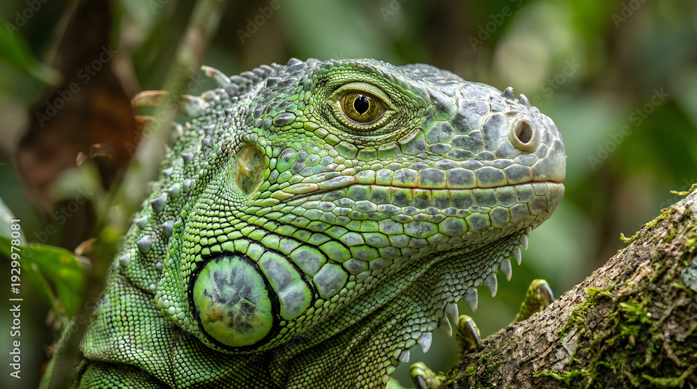 Fototapeta premium Green Iguana: Vibrant Scales and Piercing Eye