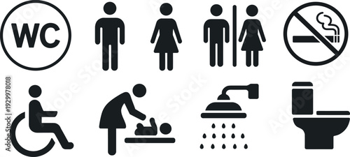 Universal Restroom Icon Set with Toilet and Accessibility Symbols