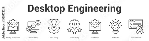 Desktop Engineering web banner icon set vector illustration concept for business with icon of Desktop Development, Desktop Setting, Value Coding, Feature Quality, Code Analysis, Verified Idea, Certif.