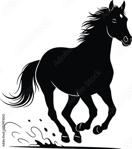 Dynamic black horse silhouette running at full speed with wind in its mane and tail, powerful stallion vector illustration for equestrian sports branding.