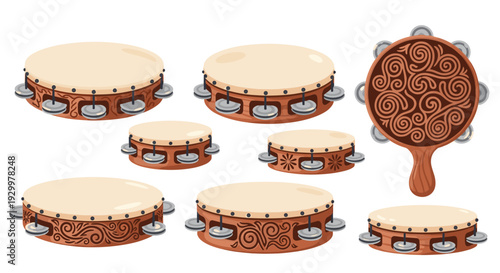 A collection of eight wooden tambourines with various sizes and intricate scrollwork carvings is arranged across a plain white background.