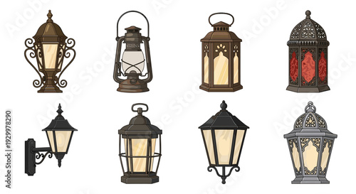 Eight varied antique and modern lanterns including kerosene lamps and Moroccan styles are displayed on a white background.