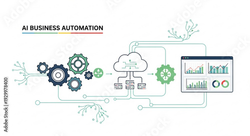 Ai business automation concept with gears cloud computing and data analysis on a computer screen