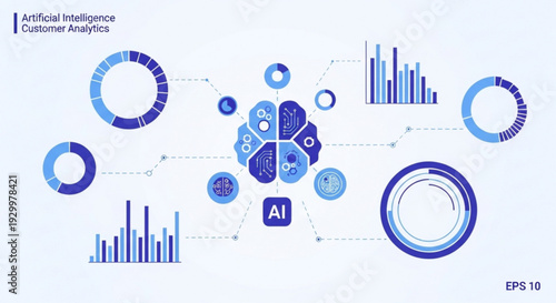Artificial intelligence concept with blue infographic elements and graphs on a light background for business analytics and data visualization